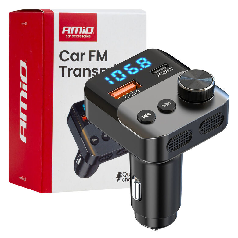 Auto FM Modulators 1×USB-A 1×USB-C 12V 24V AMIO-04647