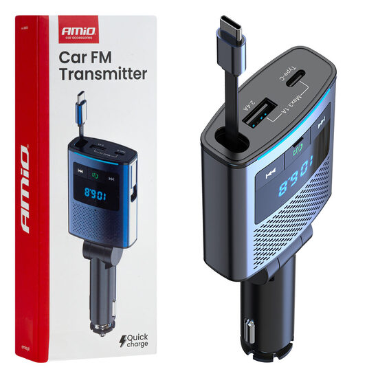 Auto FM Modulators 1×USB-A 1×USB-C 12V 24V AMIO-04656