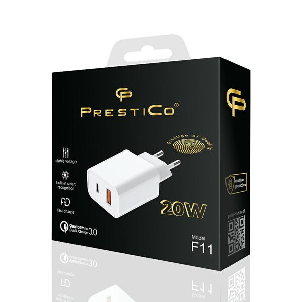 PRESTICO​ lādētājs F11​ USB​-​A+USB​-​C​ QC+PD​ 20W​ balts PIL000218